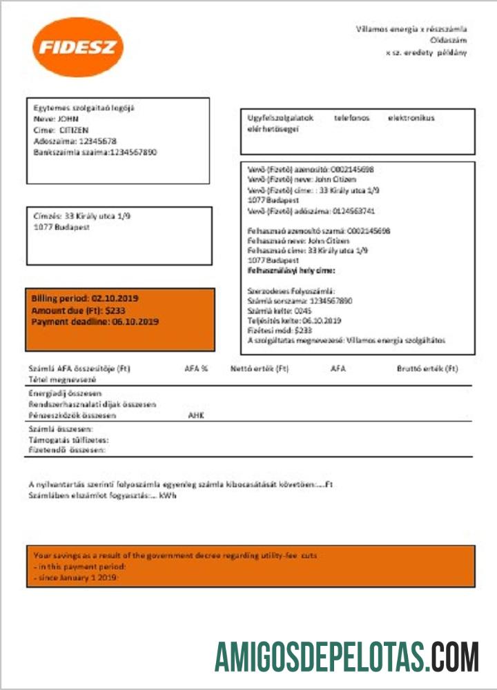 Hungria FIDESZ Conta de serviços públicos fácil de preencher baixar para verificação